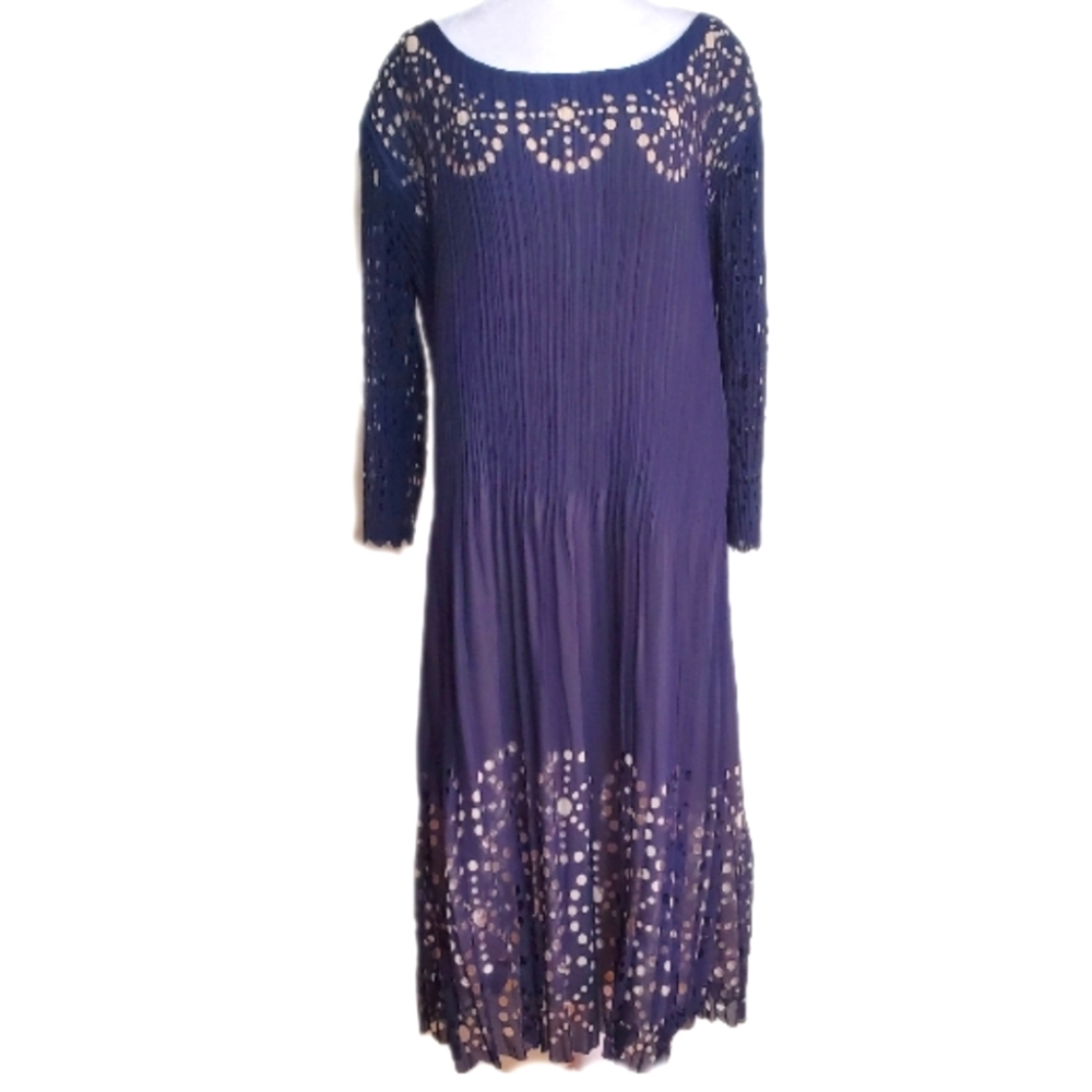 Elizeh navy blue fan pleated long sleeve laser cut sheer overlay midi dress. 12